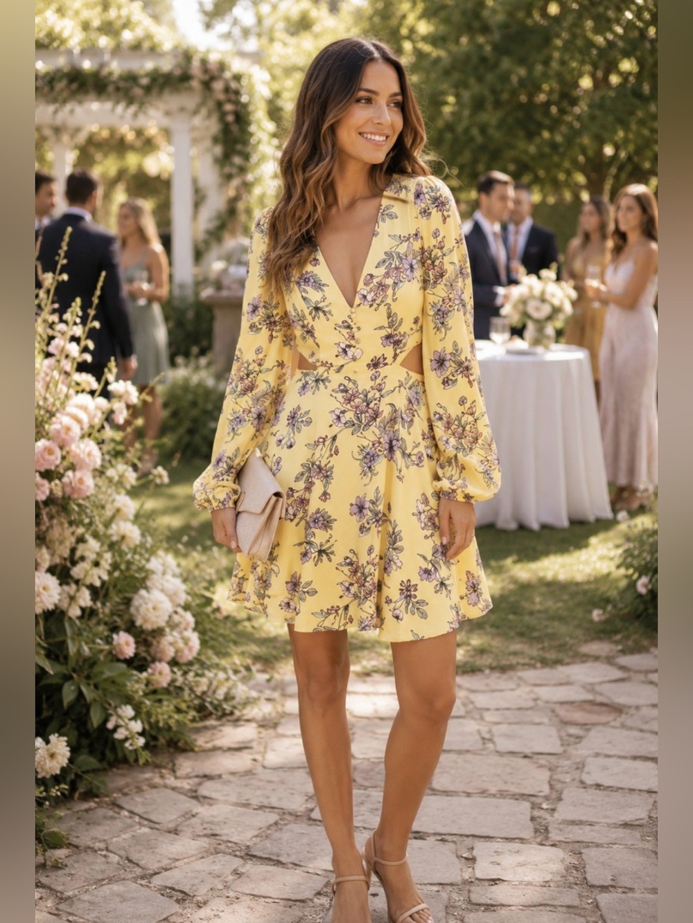 AFRM Floral Print Fit & Flare Cutout Cocktail Dress Yellow Cottagecore sz Small